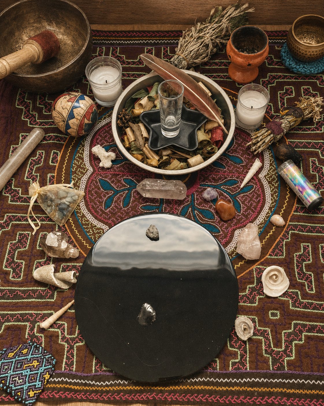 Altar ceremonial con cristales, vela y elementos de medicina ancestral